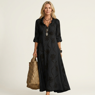 Mariam | Cotton-Linen Maxi Dress with Tonal Floral Embroidery