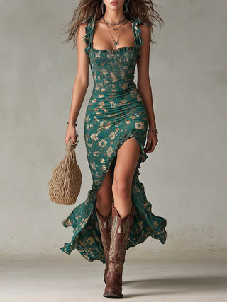 Zara™ | Bohemian Floral Maxi Dress with Ruched Side Slit