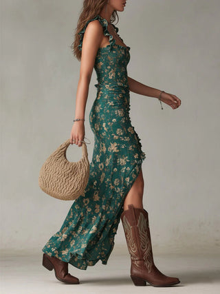 Zara™ | Bohemian Floral Maxi Dress with Ruched Side Slit