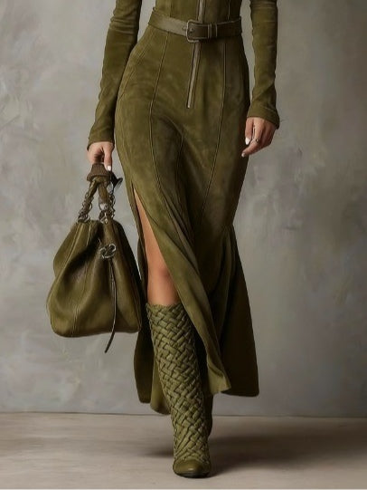 Evelyn | Suede Dress with Belt and Zipper