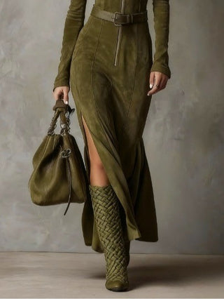 Evelyn | Suede Dress with Belt and Zipper