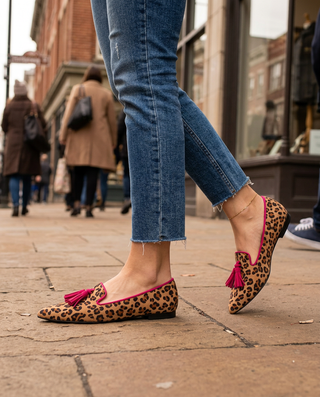 Ginevra Moccasin — Suede Leopard Print, Fuchsia Tassels