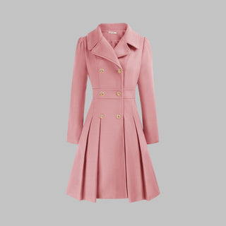 Emma | Women's Coat Double-Breasted Pleated A-Line Long Sleeve Overcoat