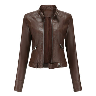 Victoria | Women's Cropped Faux Leather Jacket Stand-Collar Moto Biker