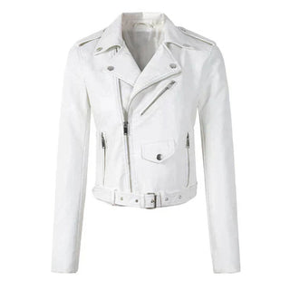 Aria | Women's Cropped Moto Faux Leather Jacket Belted Biker