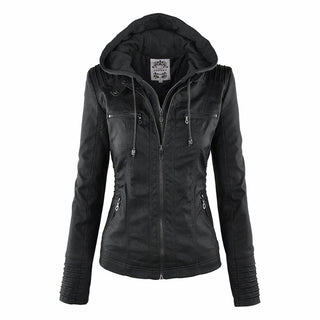 Amelia | Women's Hooded Moto Faux Leather Jacket Removable Hood